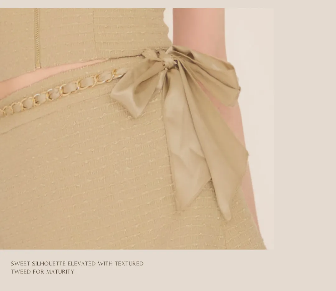 ツイードドレス / ベージュツイード / ガーリーフォルム / 大人可愛い / ミニドレス / 上品ガーリー / キャバドレス / 甘めデザイン / 高級感 / クラシカル 2