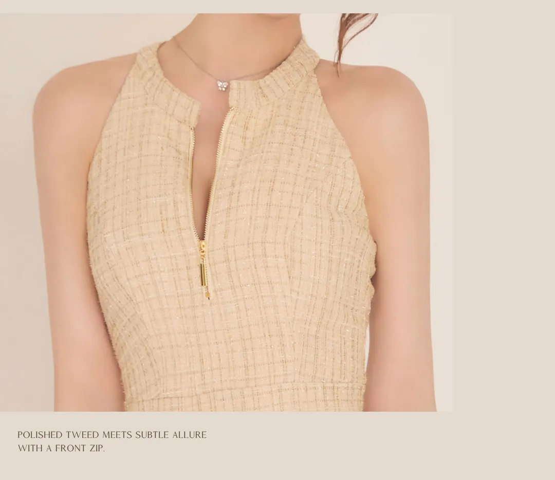 ツイードドレス / ジップデザイン / 大人っぽい / ミニドレス / 色気ドレス / 上品セクシー / キャバドレス / 高見え / ベージュ系 / 洗練スタイル 2