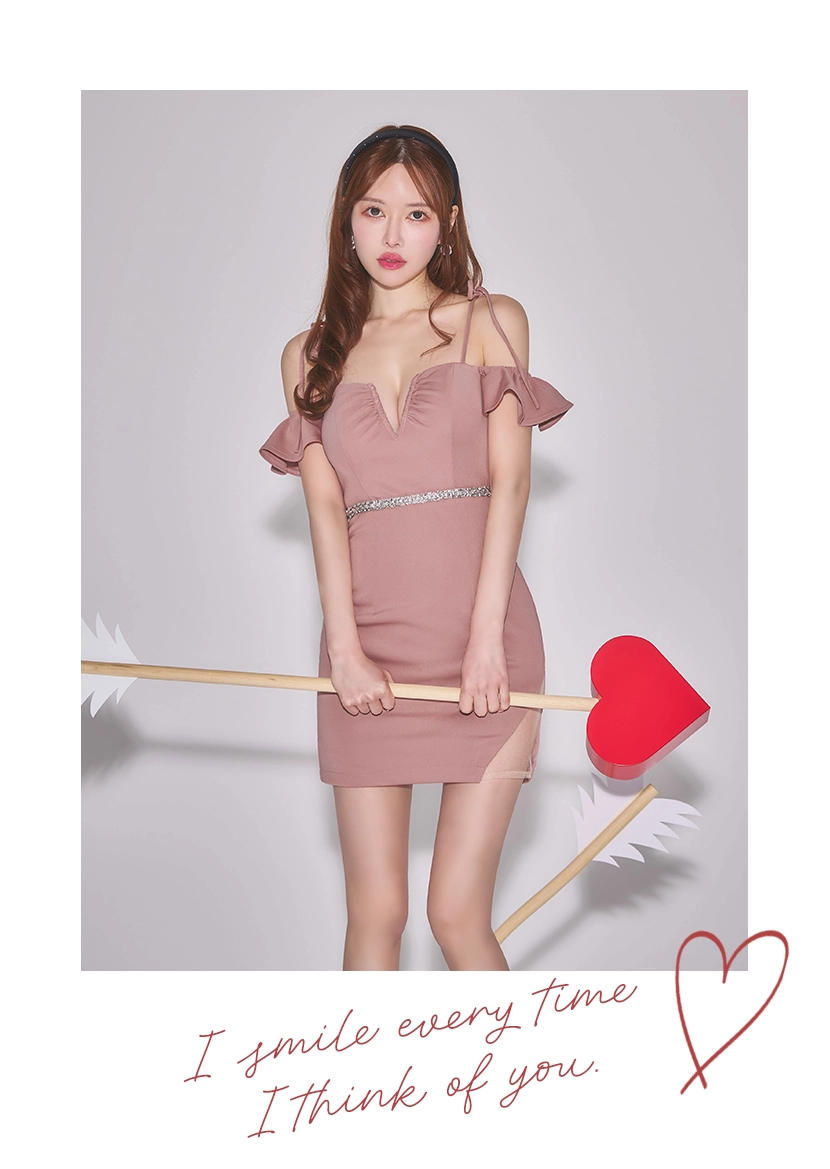 肩紐リボンオフショルウエストビジューミニドレス/キャバドレス