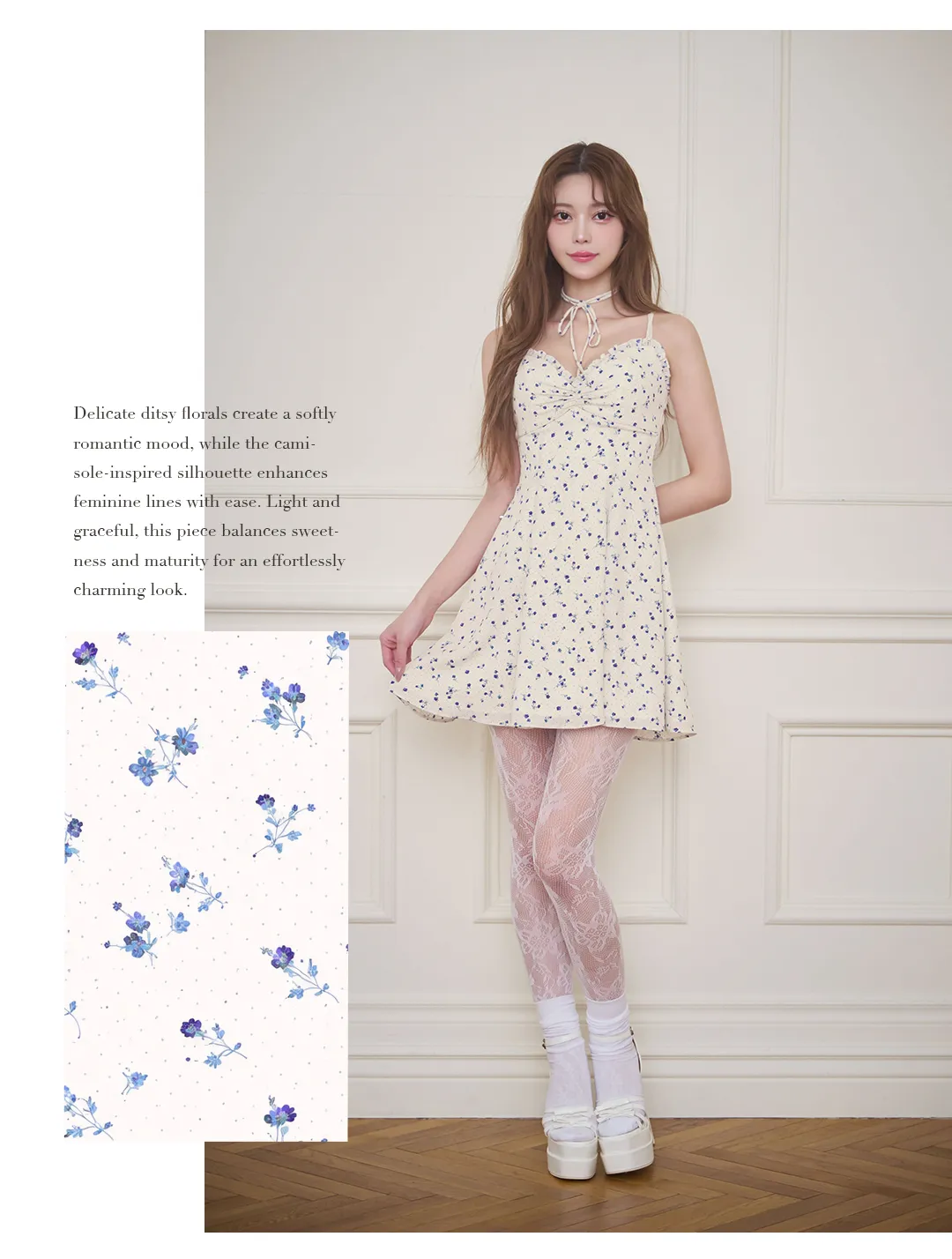 小花柄 / キャミワンピ / フローラルワンピ / 甘めデザイン / 大人可愛い / フェミニン / ミニワンピース / 春ワンピ / 華奢見え / キャバドレス 3