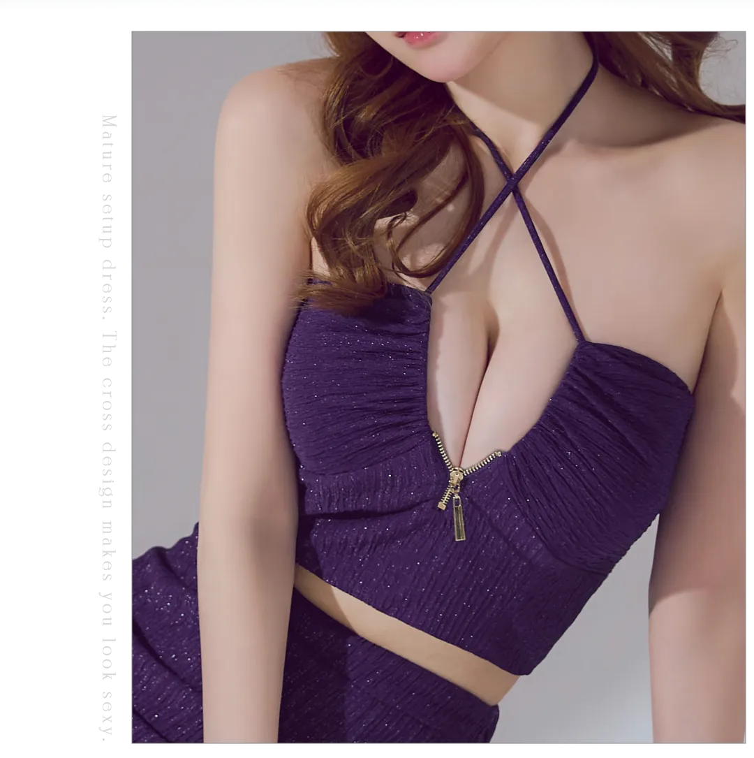 ラメホルターネックスリットタイトミニドレス/キャバドレス2