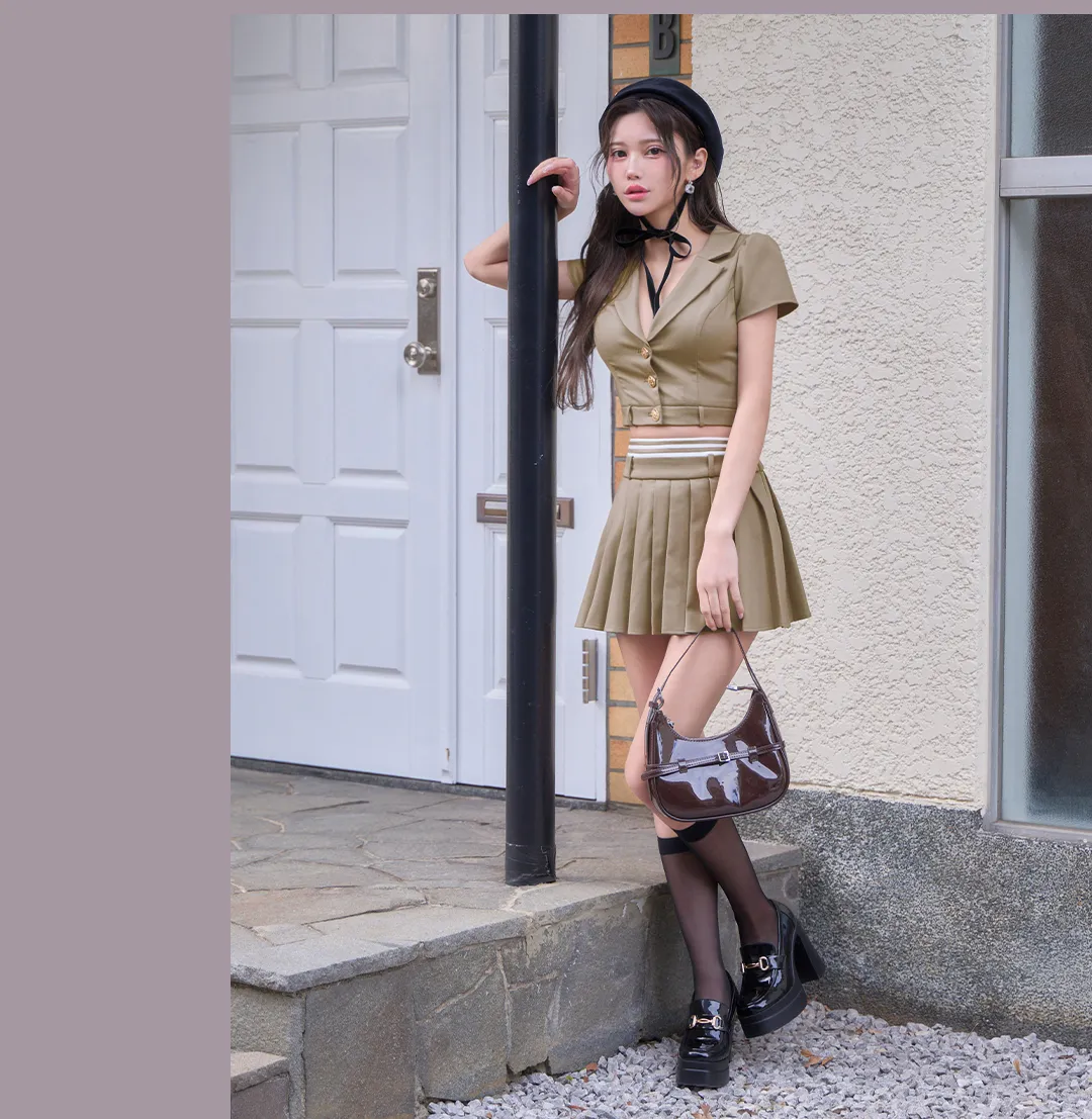 襟付きトップスプリーツスカートセットアップミニドレス/キャバドレス4