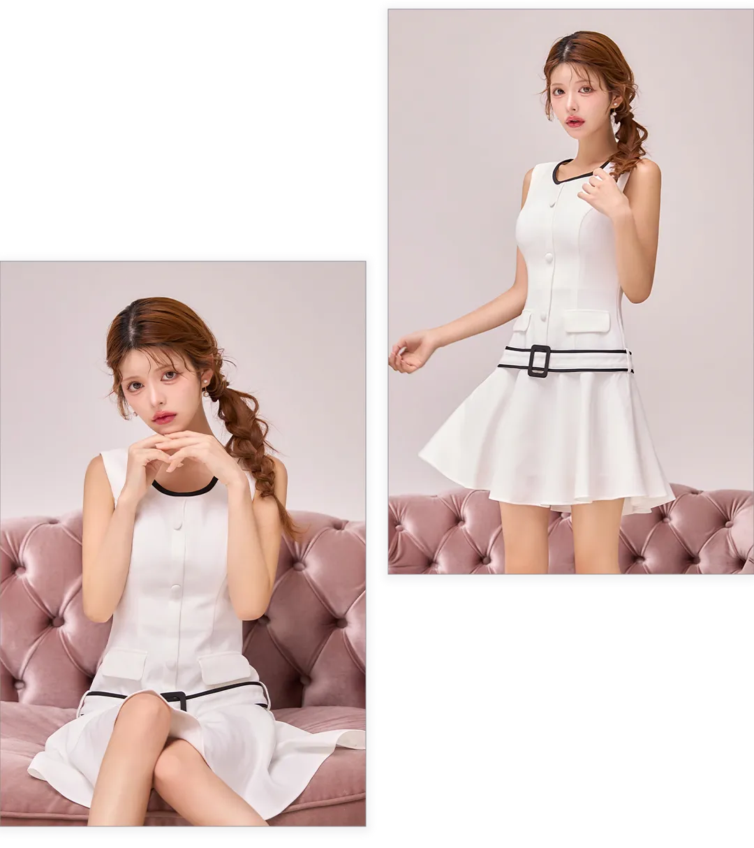 ウエストベルト パイピング フレアミニドレス キャバドレス
