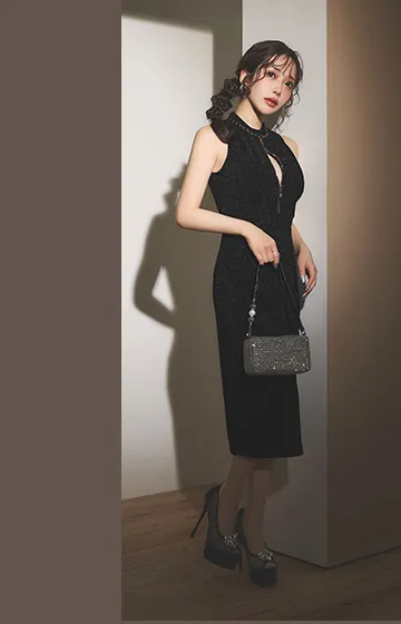 フロントジップラメタイトミディアムドレス/キャバドレス