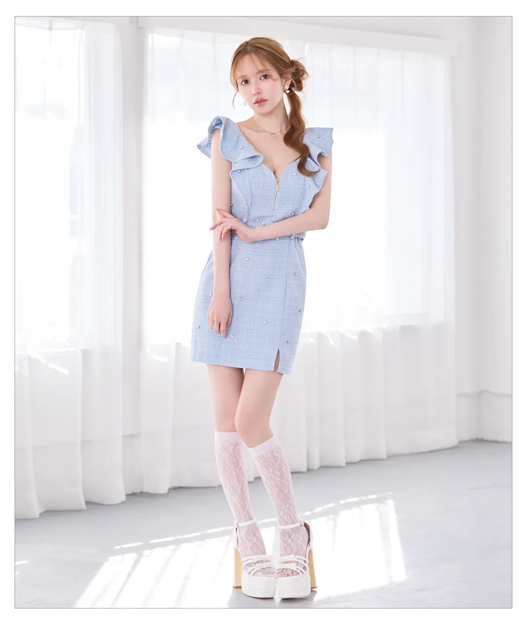 フロントリボンプリーツスカートミニドレス キャバドレス