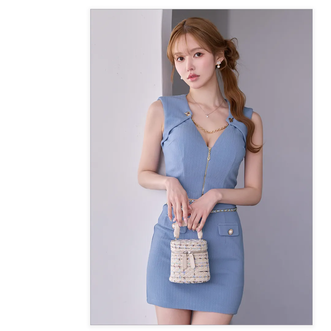 ハイネック パイピングプリーツミニドレス キャバドレス