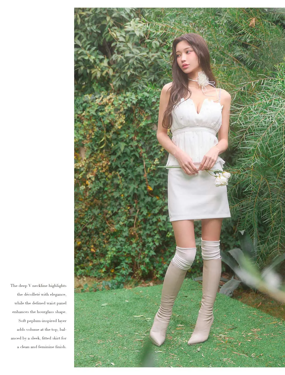 Vネックワンピ ペプラムデザイン ウエスト切替 タイトミニ 上品ホワイト くびれ強調 華奢見え フェミニン 大人可愛い キャバドレス 春夏 2