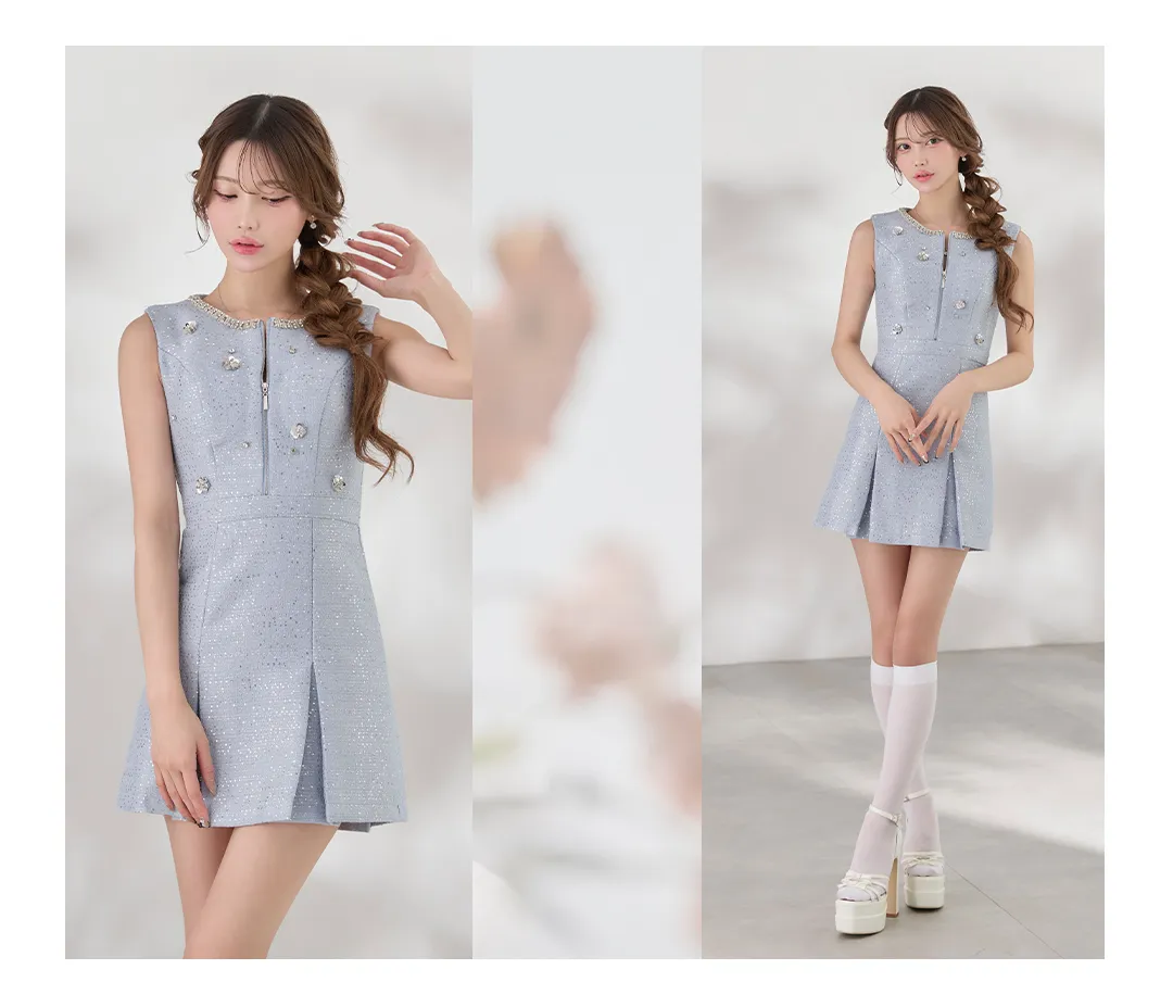 ジップアップフラワースパンコールツイードミニドレス/キャバドレス3