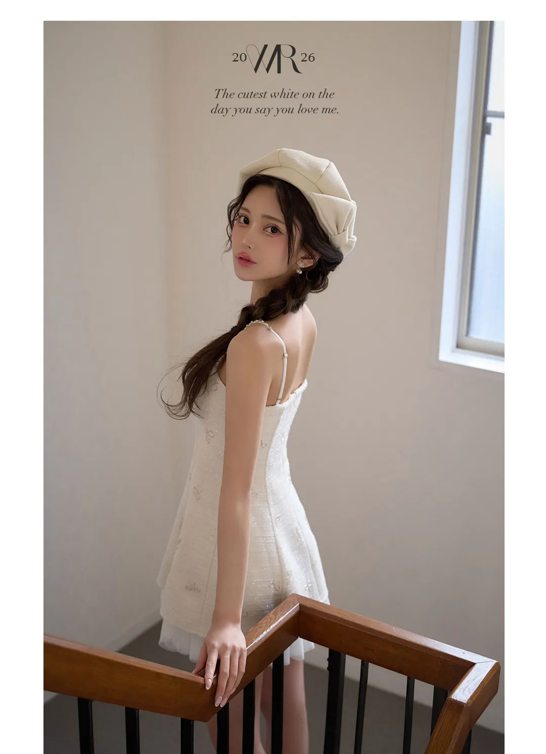 ホワイトミニ ツイードワンピ フロントジップ ビスチェ チュール裾 華奢ストラップ くびれ見え 甘辛 上品セクシー 春ドレス キャバワンピ 5