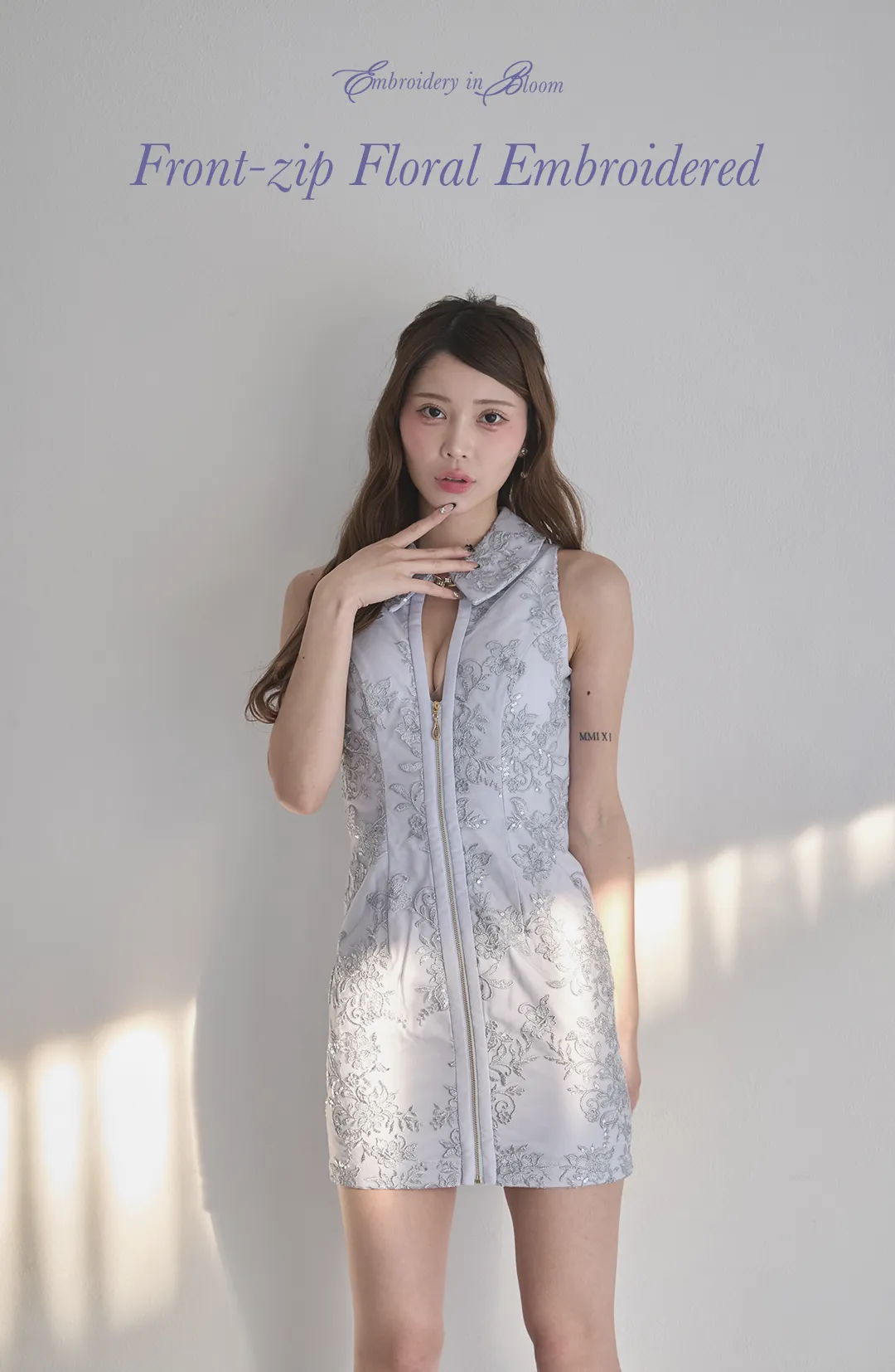 ジップアップフラワースパンコールツイードミニドレス/キャバドレス2