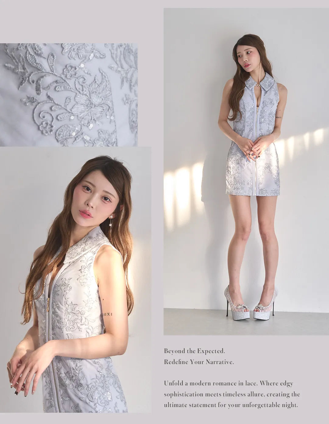 ジップアップフラワースパンコールツイードミニドレス/キャバドレス4