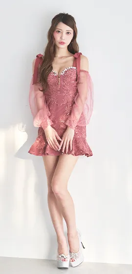 フロントジップラメタイトミディアムドレス/キャバドレス