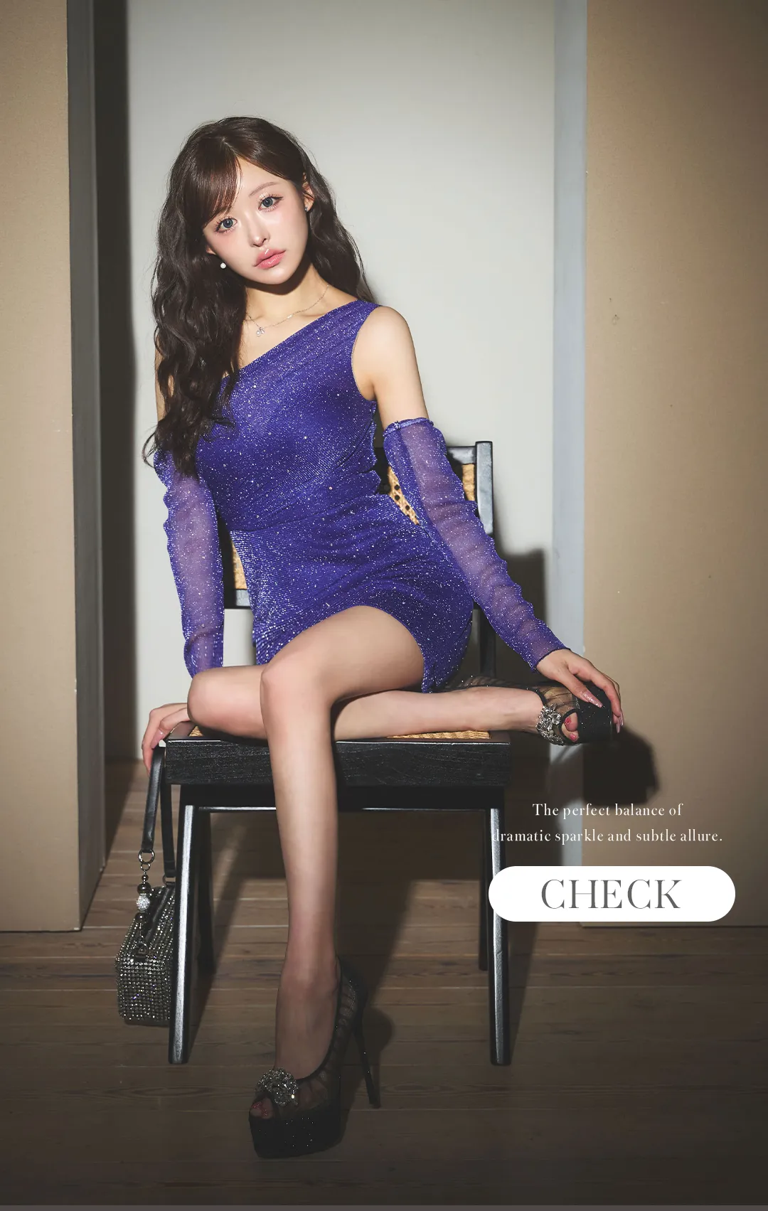 アームカバー付シアーラメビジューワンショルミニドレス/キャバドレス1