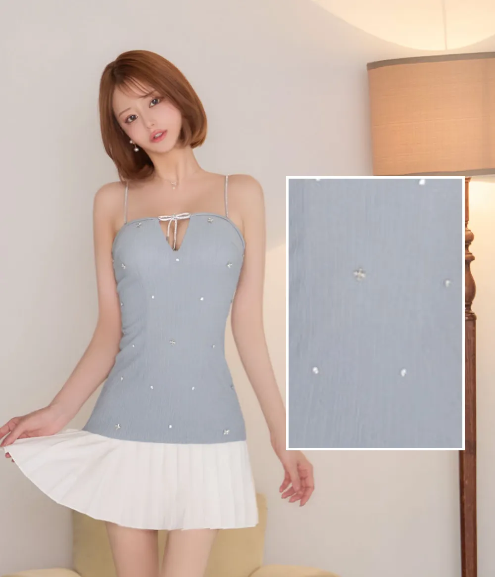 【即日発送】ビジューリボンキャミプリーツミニドレス/キャバドレス【XS-Lサイズ/3カラー】[OF03] 【YN】dzwAG