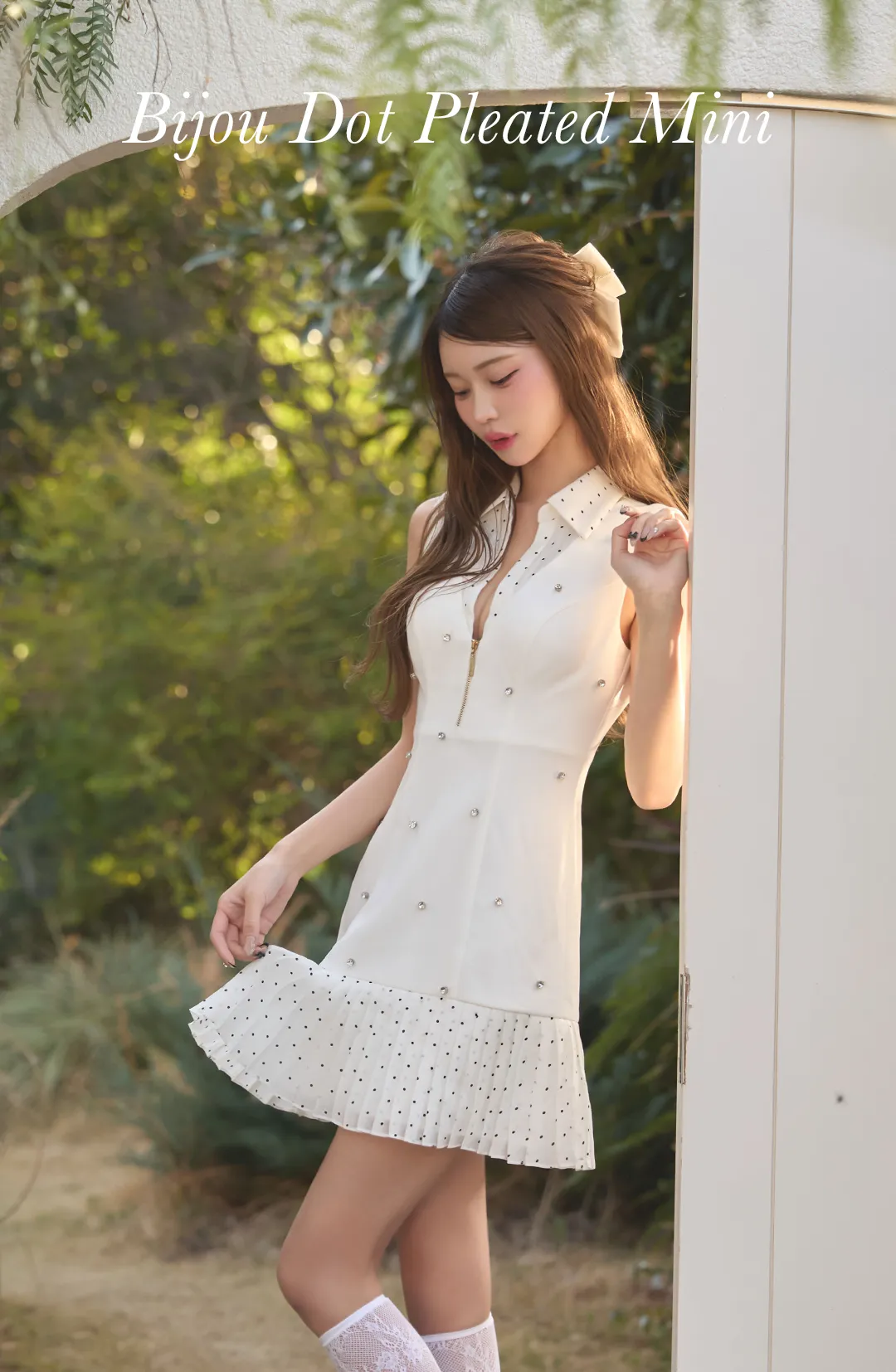 襟付きジップアップドットプリーツミニドレス/キャバドレス2