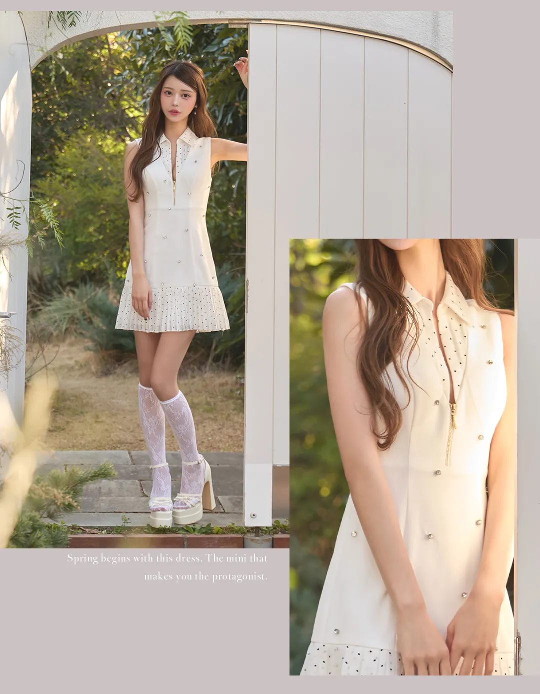 襟付きジップアップドットプリーツミニドレス/キャバドレス4