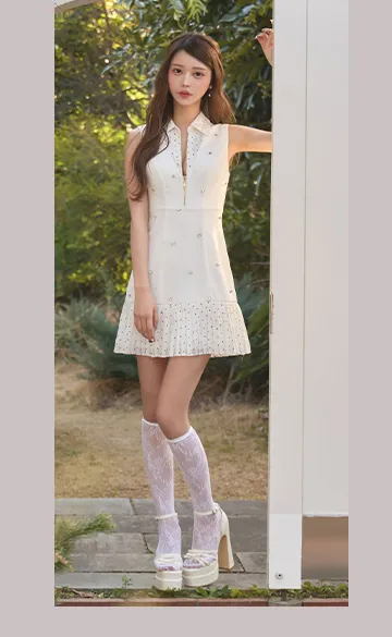 襟付きジップアップドットプリーツミニドレス/キャバドレス6