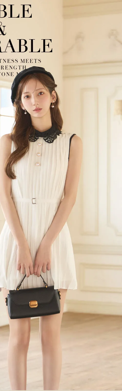 ノースリーブ/レース/襟付き/胸閉じ/ボタン/シフォン/プリーツ/ベルト/バイカラー/ミニドレス/キャバドレス1