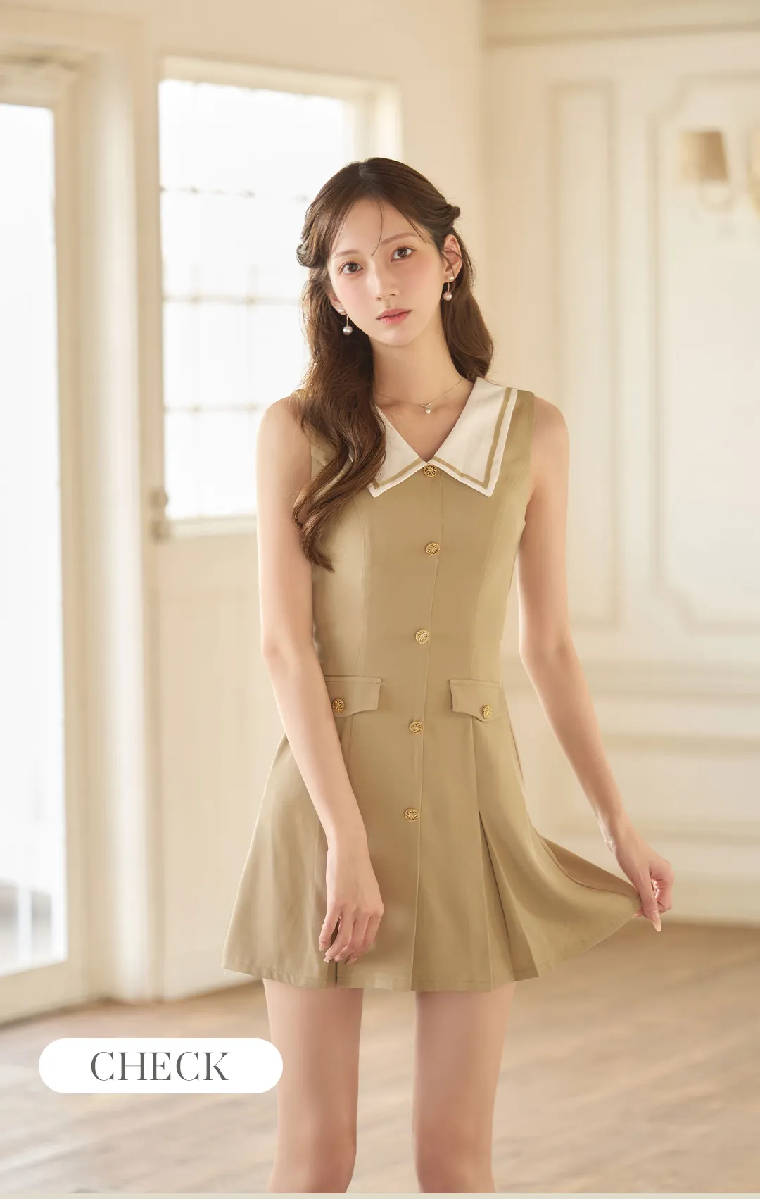 ノノースリーブ/襟付き/胸閉じ/ボタン/プリーツ/ミニドレス/キャバドレス1