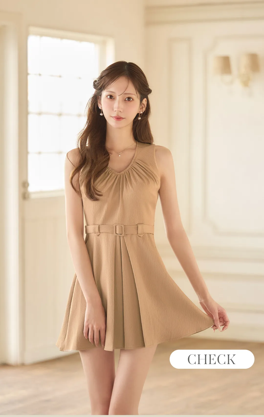 ギャザー/Uネック/ノースリーブ/ベルト/フレア/Aライン/ジャガード/ミニドレス/キャバドレス1