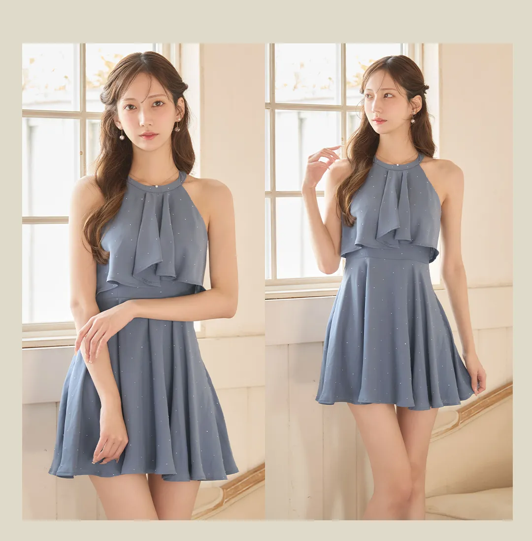 ホルターネック/バックビジュー/アメスリ/ノースリーブ/Aライン/フレア/シフォン/ミニドレス/キャバドレス3