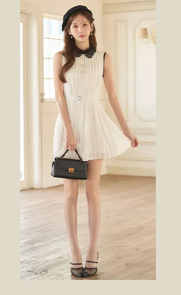 ノースリーブ/レース/襟付き/胸閉じ/ボタン/シフォン/プリーツ/ベルト/バイカラー/ミニドレス/キャバドレス6