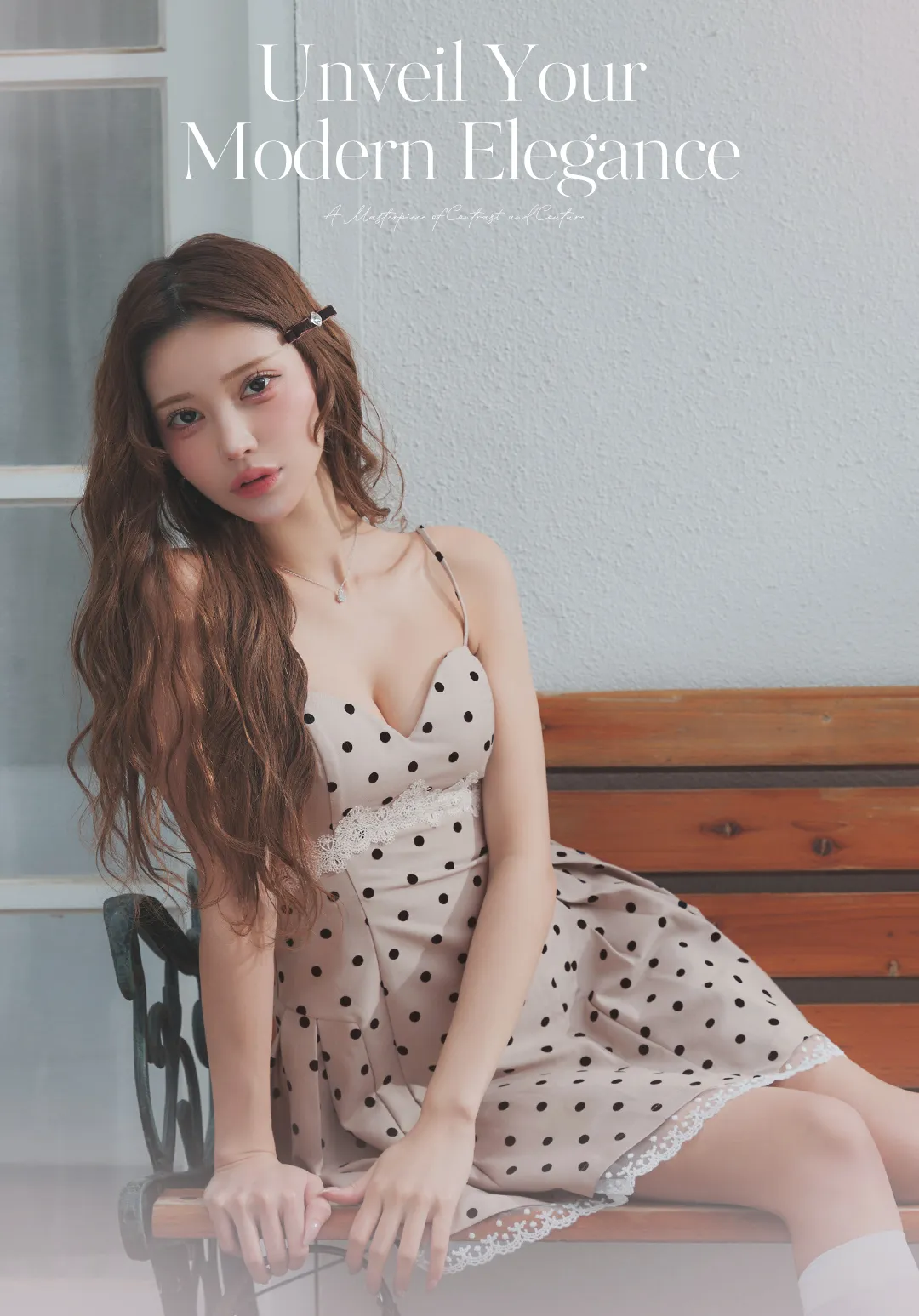 ドット柄/キャミソール/谷間見せ/レース/スーツ生地/ドッキング/プリーツ/フレア/Aライン/ミニドレス/キャバドレス1