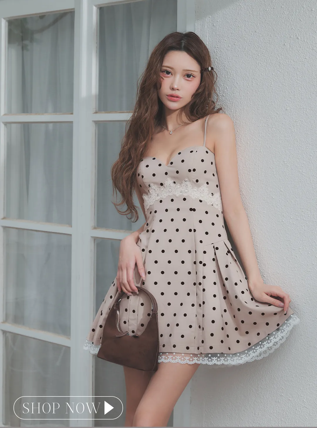 ドット柄/キャミソール/谷間見せ/レース/スーツ生地/ドッキング/プリーツ/フレア/Aライン/ミニドレス/キャバドレス2