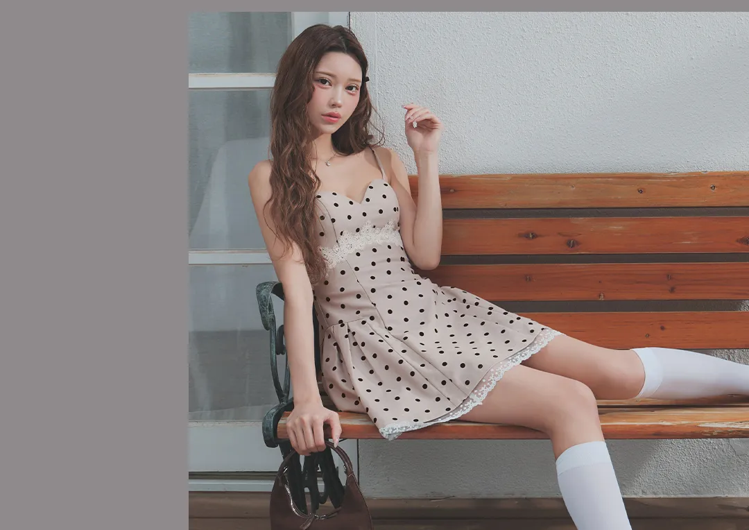 ドット柄/キャミソール/谷間見せ/レース/スーツ生地/ドッキング/プリーツ/フレア/Aライン/ミニドレス/キャバドレス4