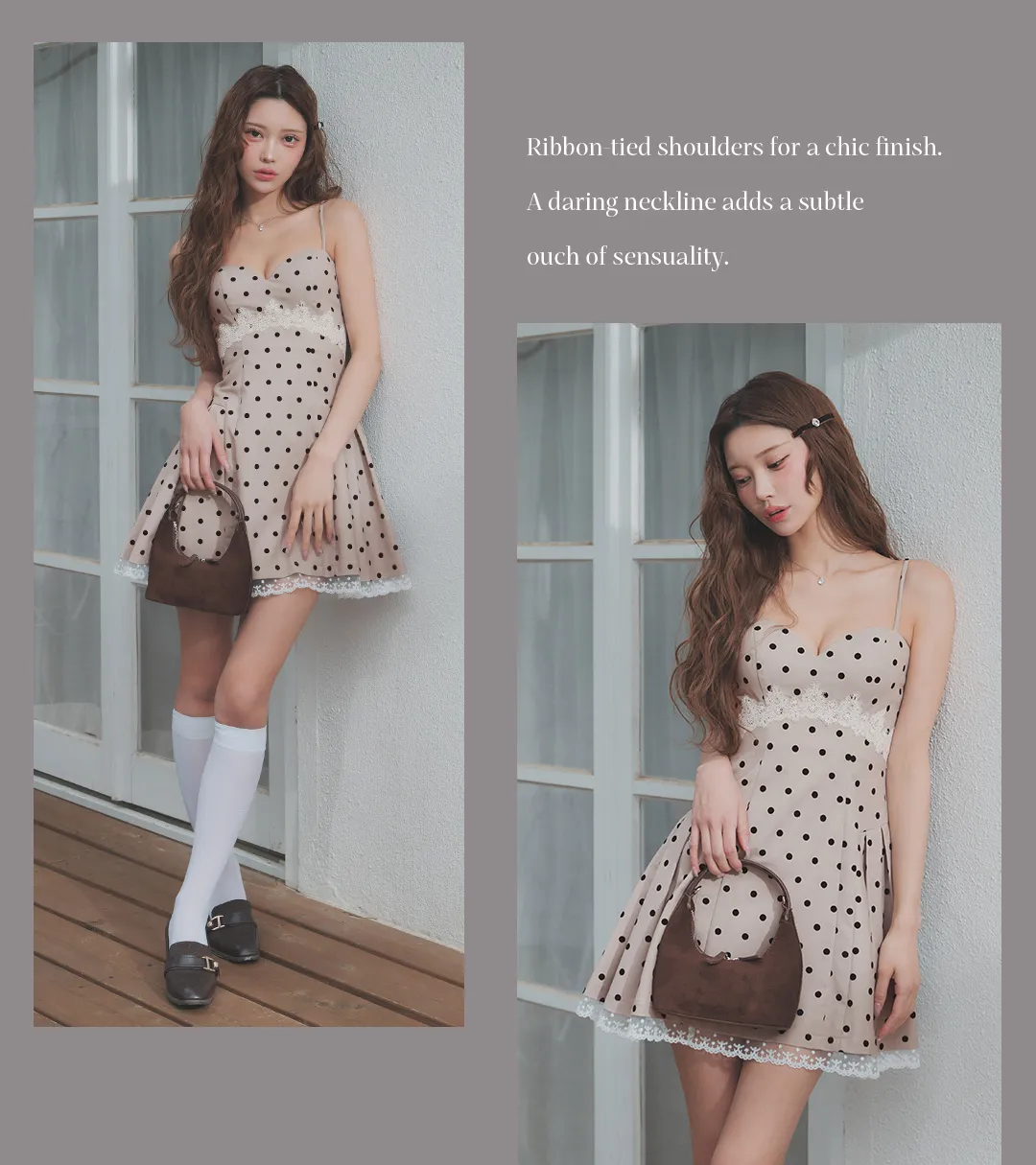 ドット柄/キャミソール/谷間見せ/レース/スーツ生地/ドッキング/プリーツ/フレア/Aライン/ミニドレス/キャバドレス5