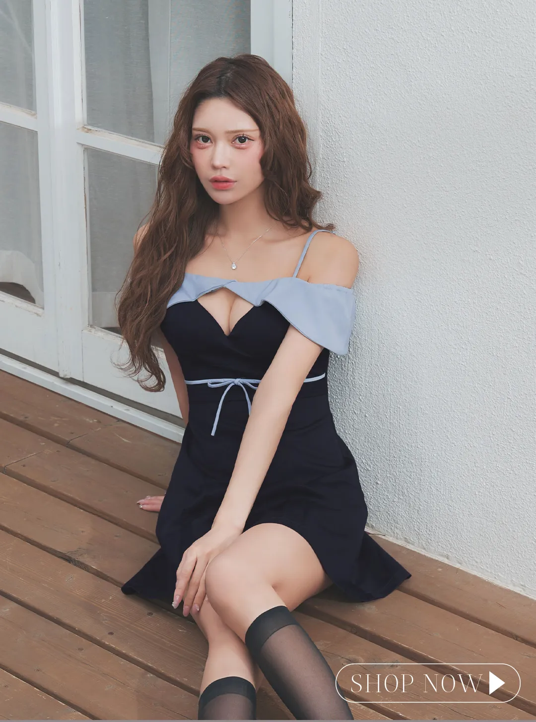 オフショル/キャミソール/谷間見せ/ウエストリボン/無地/プリーツスカート/Aライン/ミニドレス/キャバドレス1