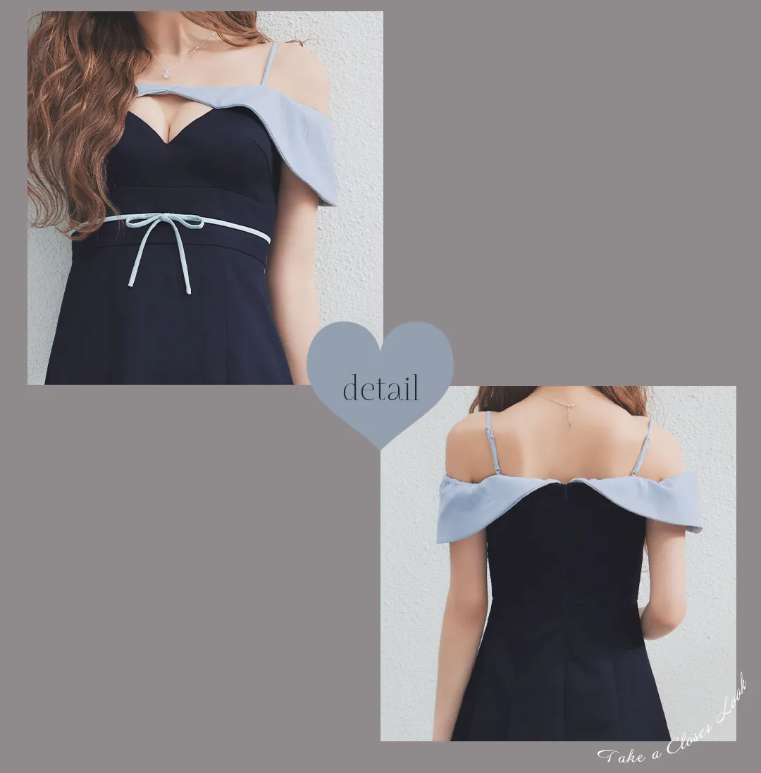 オフショル/キャミソール/谷間見せ/ウエストリボン/無地/プリーツスカート/Aライン/ミニドレス/キャバドレス2