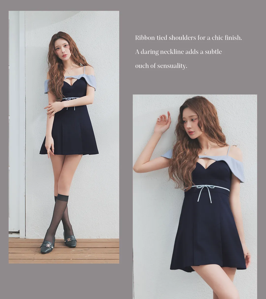 オフショル/キャミソール/谷間見せ/ウエストリボン/無地/プリーツスカート/Aライン/ミニドレス/キャバドレス4