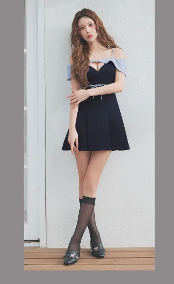 オフショル/キャミソール/谷間見せ/ウエストリボン/無地/プリーツスカート/Aライン/ミニドレス/キャバドレス6