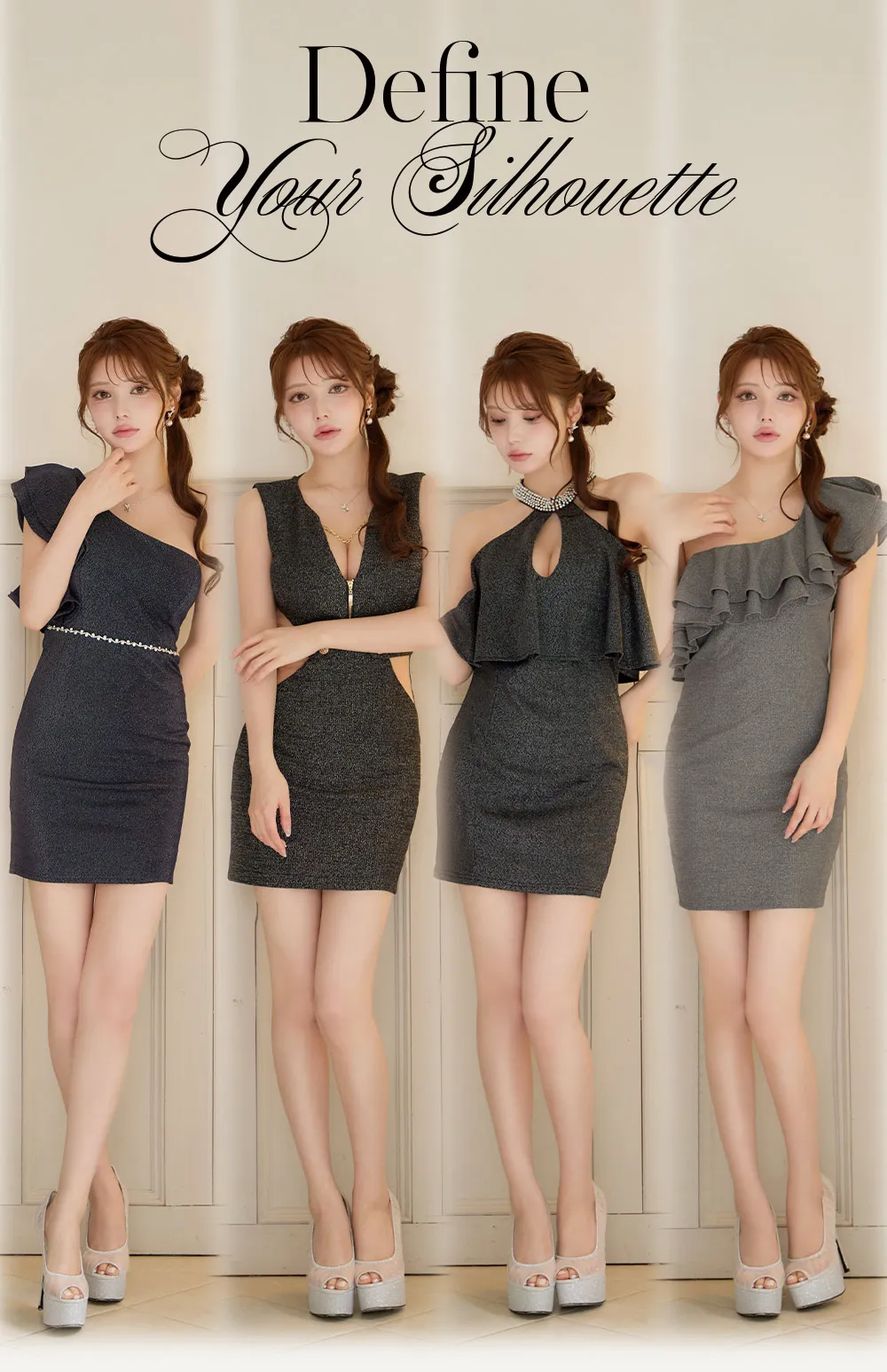 オフショル/キャミソール/フラワースパンコール/ラメ/ストレッチ/ミニドレス/キャバドレス1