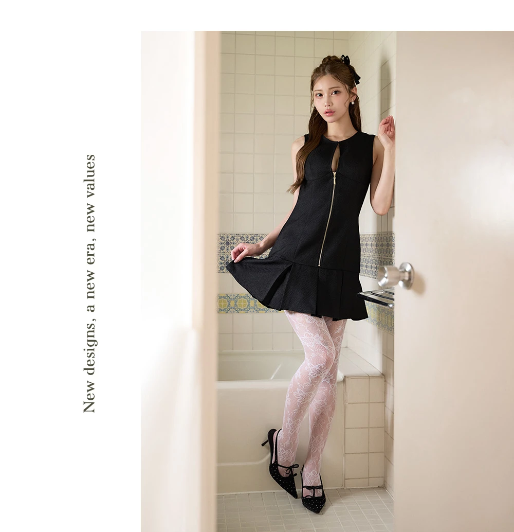 ノースリーブ/フロントジップ/カットアウト/プリーツ/Aライン/ローライズ/ツイード/ミニドレス/キャバドレス 商品詳細4