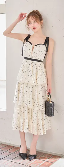 【sifeel/シフィール】ドット/リボンショルダー/フロントジップ/谷間見せ/バイカラー/ワンピース/ティアード/フレアスカート/ロングドレス/キャバドレス5
