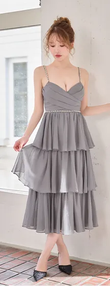 【sifeel/シフィール】ラメ/チュール/ティアード/キャミソール/ビジュー/谷間見せ/ミディアム/ワンピースドレス/キャバドレス5