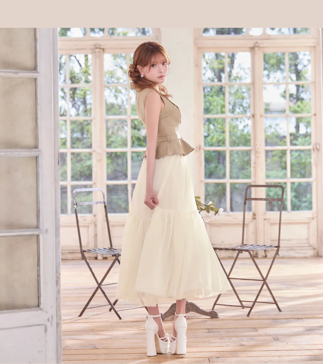 【sifeel/シフィール】トレンチ風 /襟付き /紐ベルト/シフォン/フレアー/ノースリーブ/谷間見せ/ワンピースドレス/キャバドレス5