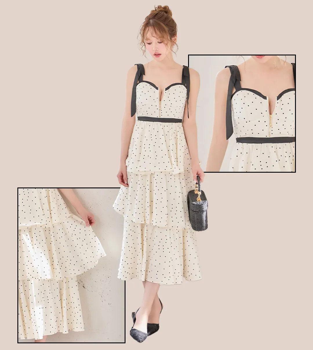 【sifeel/シフィール】ドット/リボンショルダー/フロントジップ/谷間見せ/バイカラー/ワンピース/ティアード/フレアスカート/ロングドレス/キャバドレス2