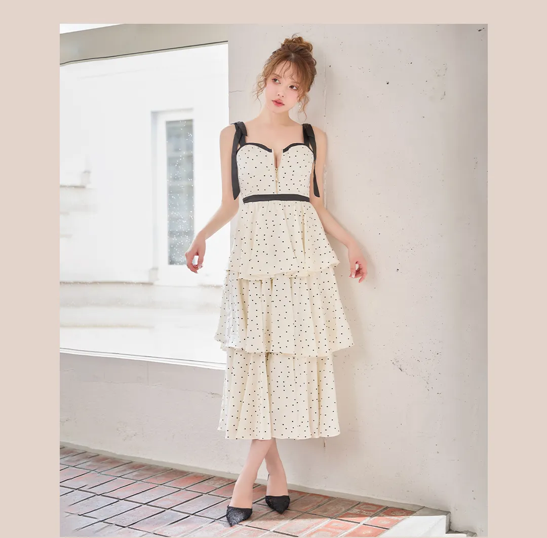 【sifeel/シフィール】ドット/リボンショルダー/フロントジップ/谷間見せ/バイカラー/ワンピース/ティアード/フレアスカート/ロングドレス/キャバドレス3