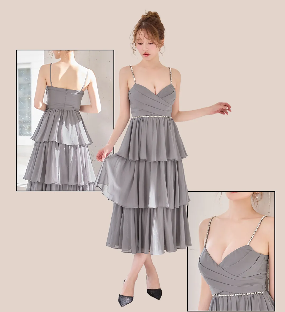 【sifeel/シフィール】ラメ/チュール/ティアード/キャミソール/ビジュー/谷間見せ/ミディアム/ワンピースドレス/キャバドレス2