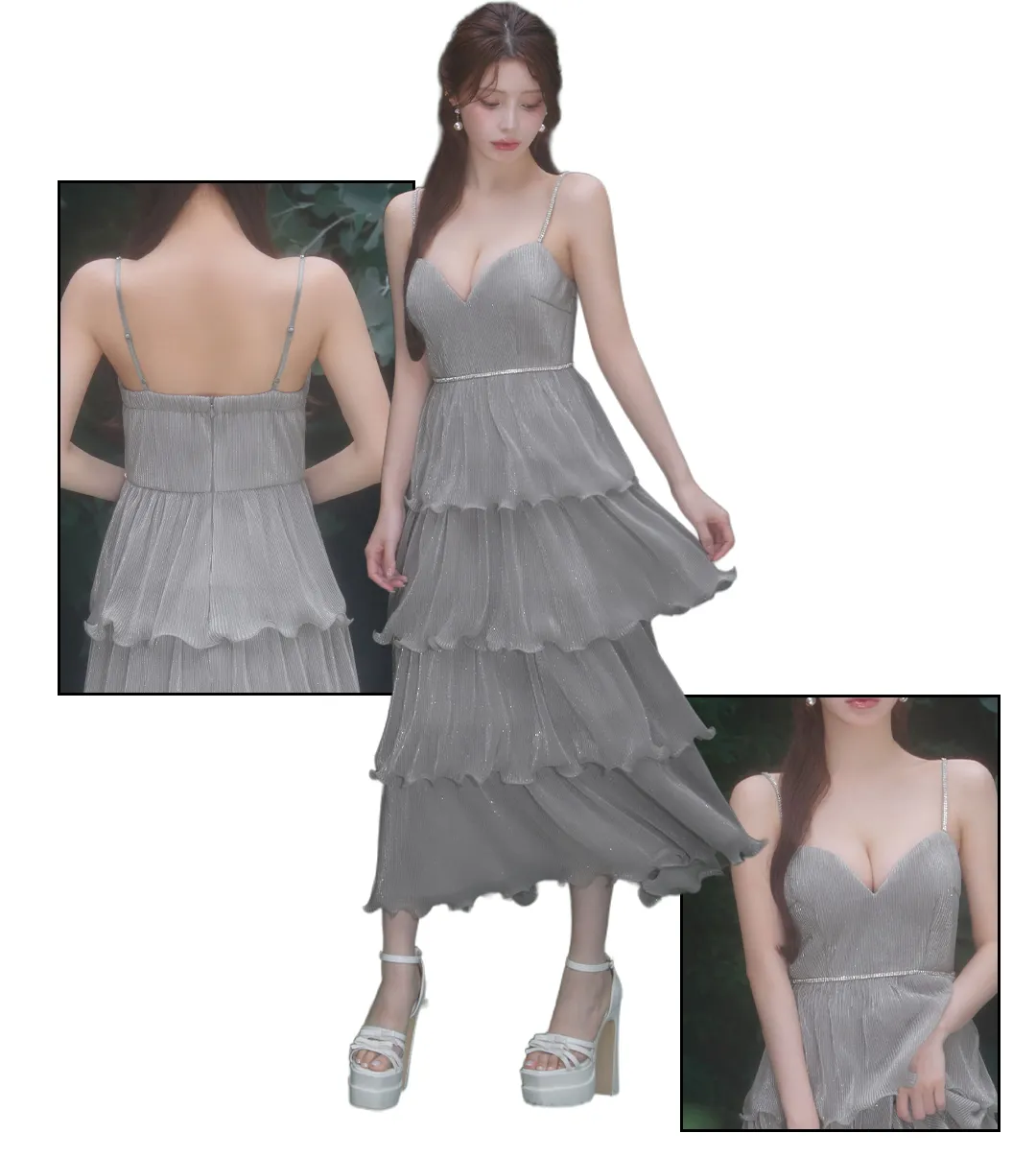 【sifeel/シフィール】ラメ/シフォン/ティアード/キャミソール/ビジュー/谷間見せ/ミディアム/ワンピースドレス/キャバドレス2