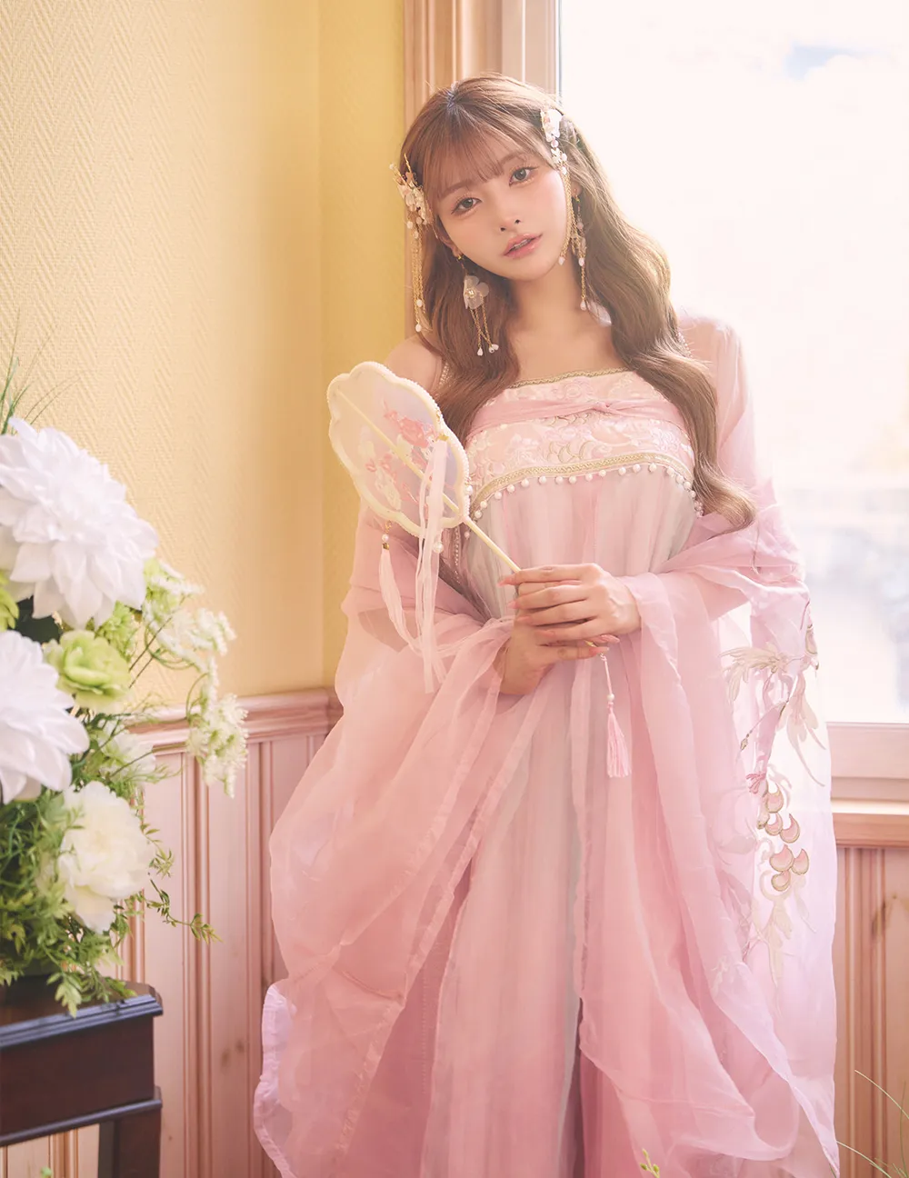 【ハロウィン】ピンク花刺繍ロングシフォン漢服セット/天女/織姫【コスプレ4点SET】 1