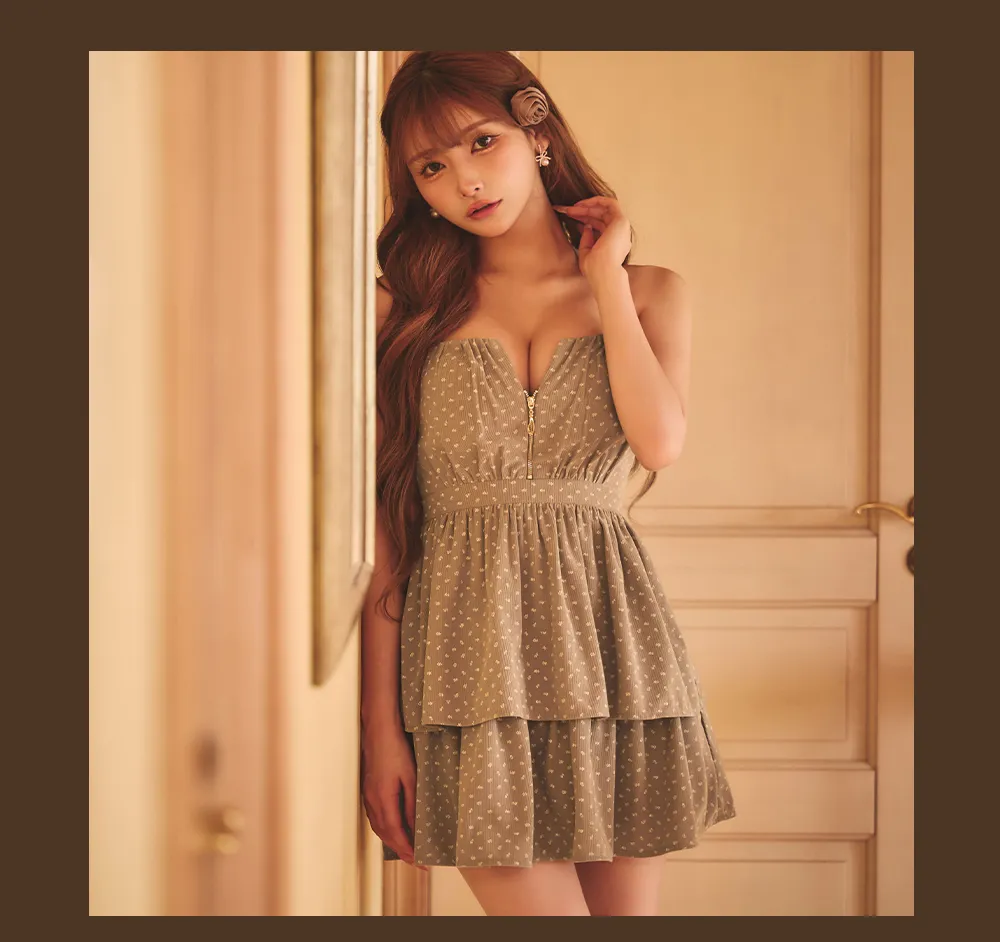 小花柄/ホルターネック/フロントジップ/2段ティアード/Aライン/谷間見せ/ミニドレス/キャバドレス4