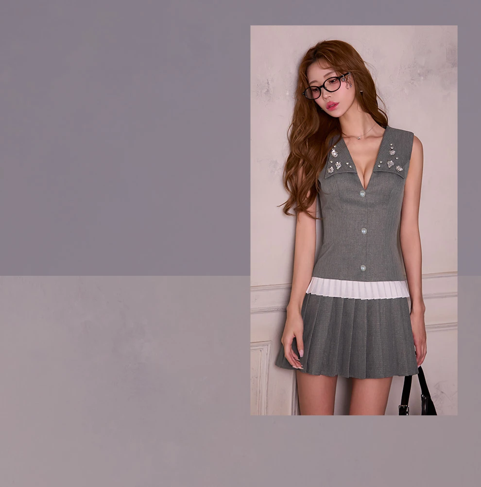 襟付きスパンコールプリーツミニワンピ6