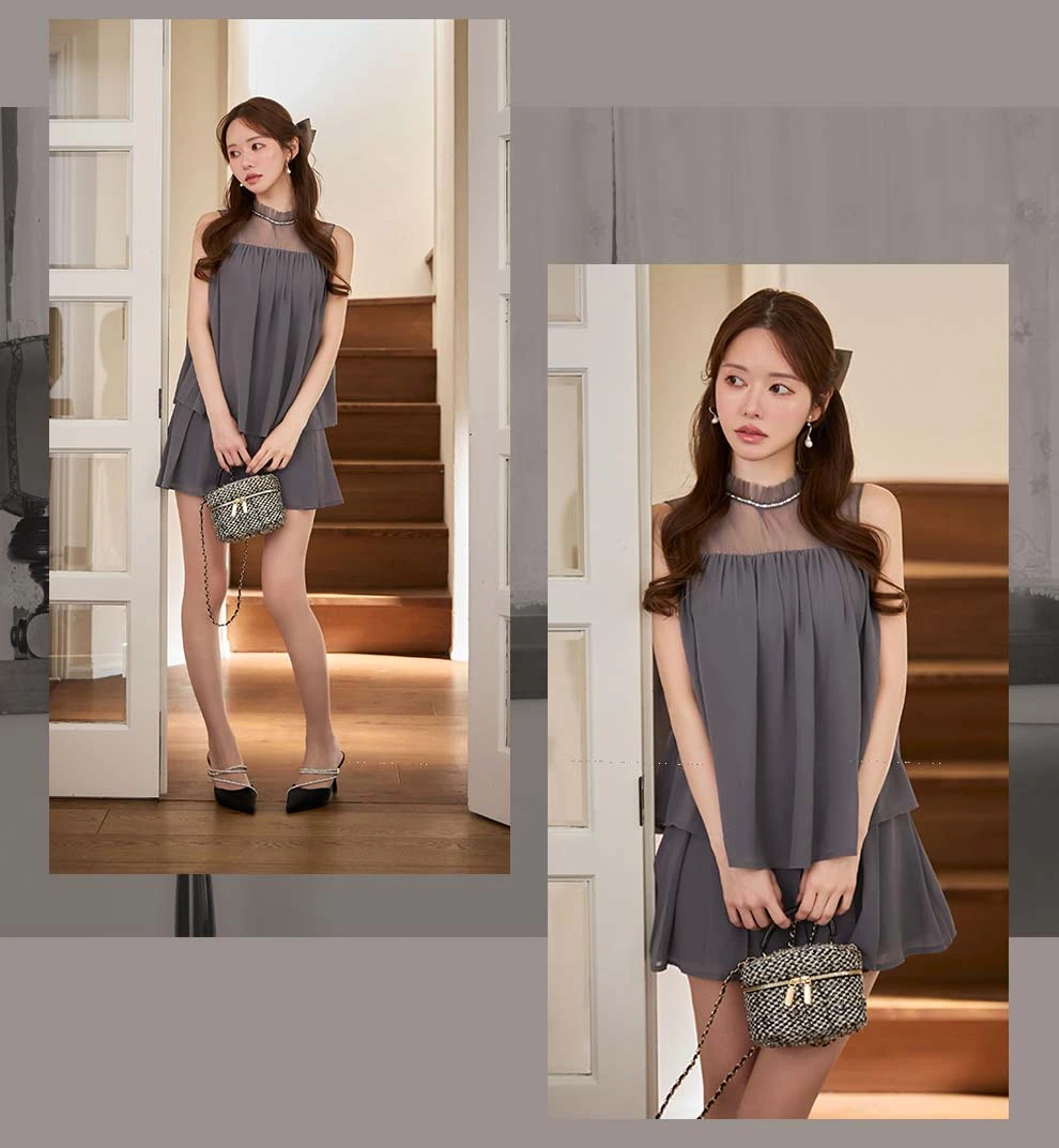 プリーツシフォンノースリーブドレス3