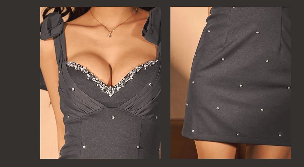 ショルダーリボンVネックビジュータイトミニドレス3