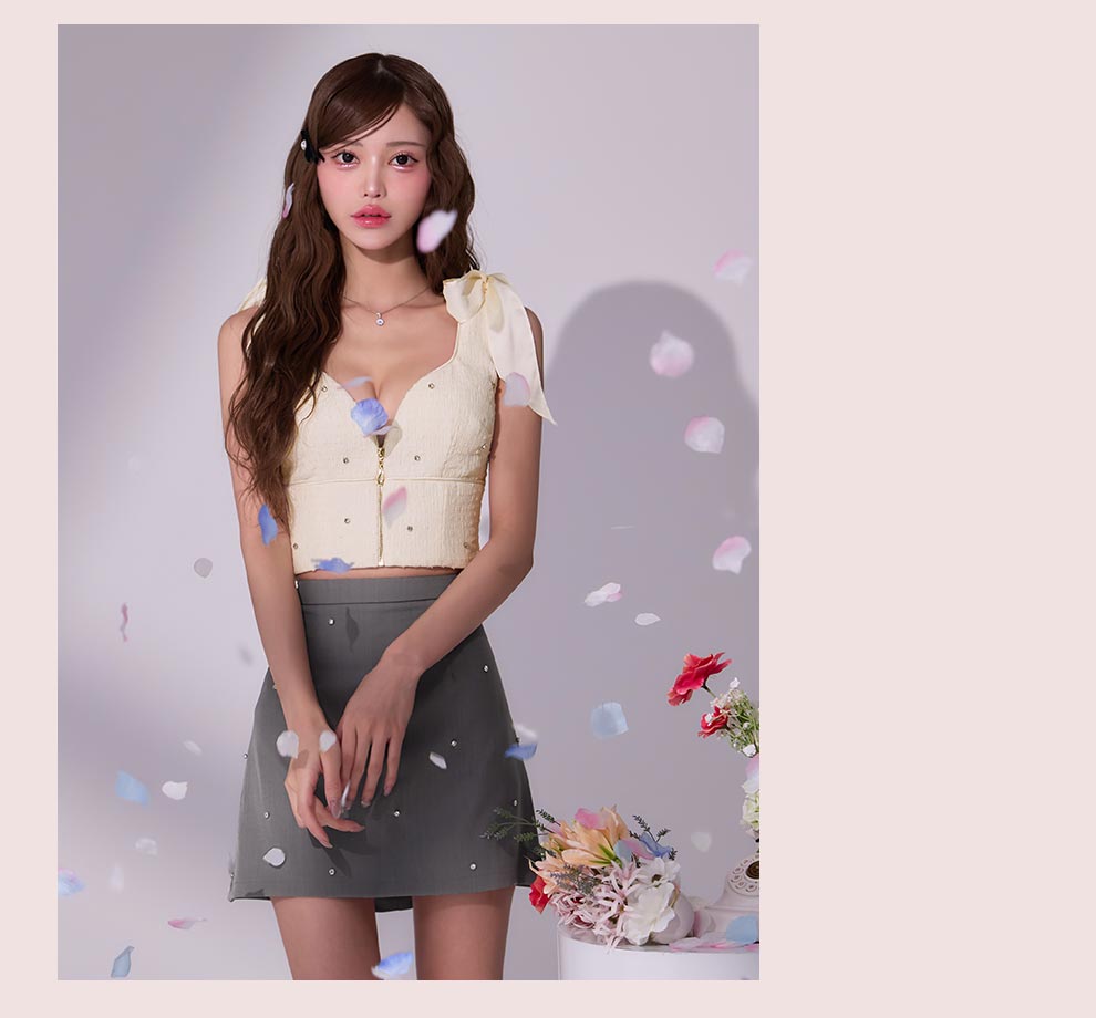 ベージュショルダーリボンビジューセットアップ5