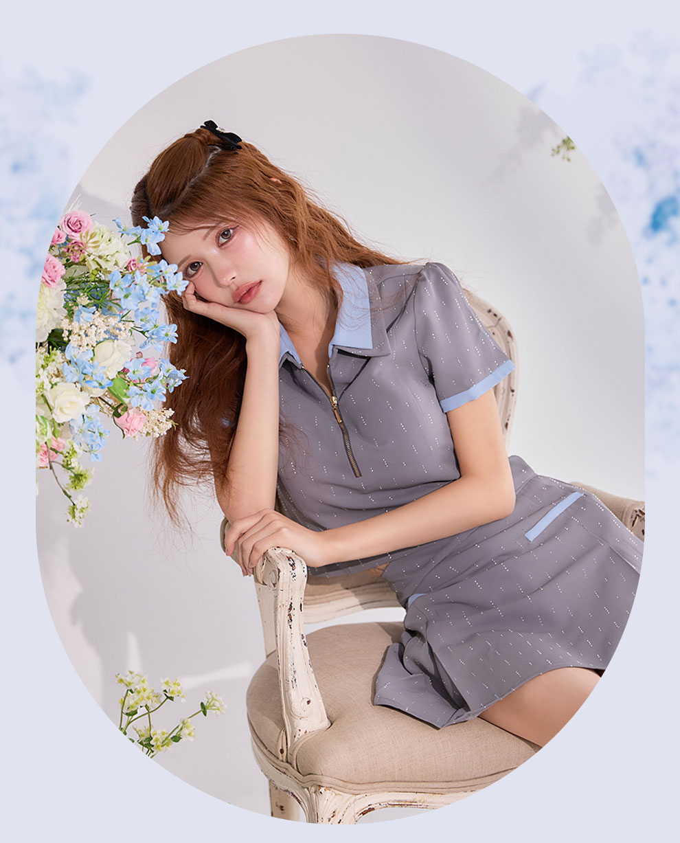 襟付きビジューショート袖セットアップ1